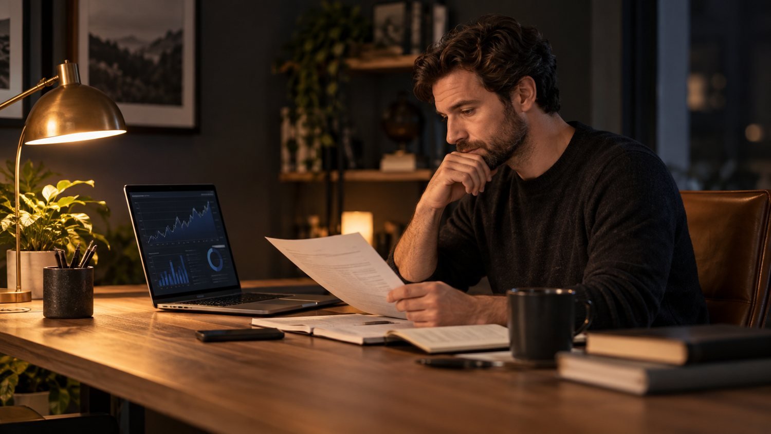 Reader comparing financial notes and charts at a desk